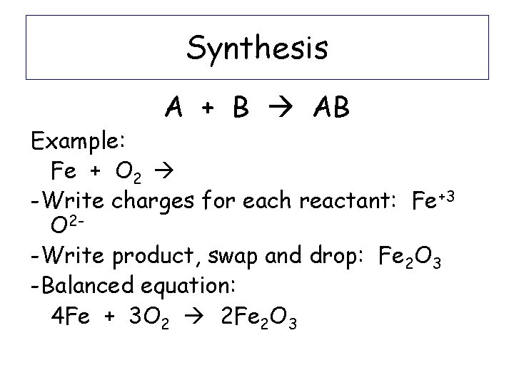 Synthesis A + B AB Example: Fe + O 2 -Write charges for each