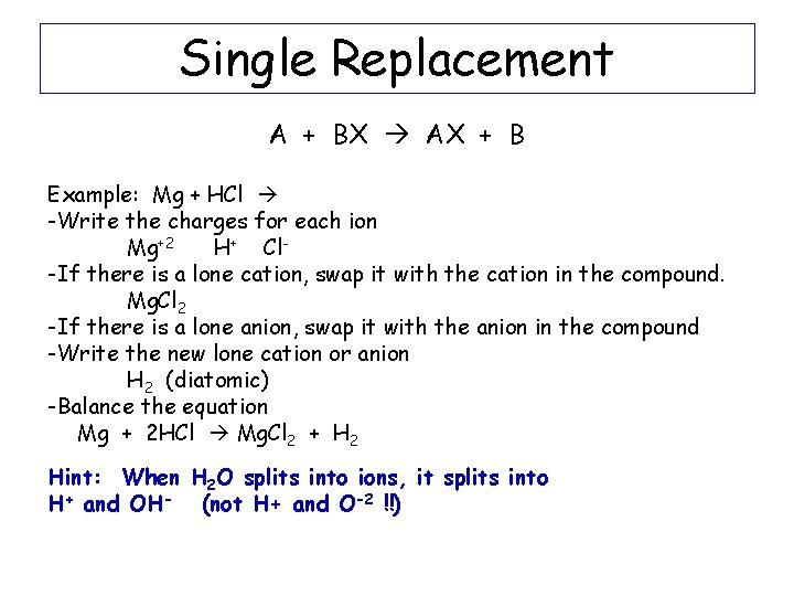 Single Replacement A + BX AX + B Example: Mg + HCl -Write the