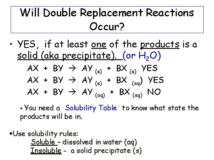 Will Double Replacement Reactions Occur? • YES, if at least one of the products