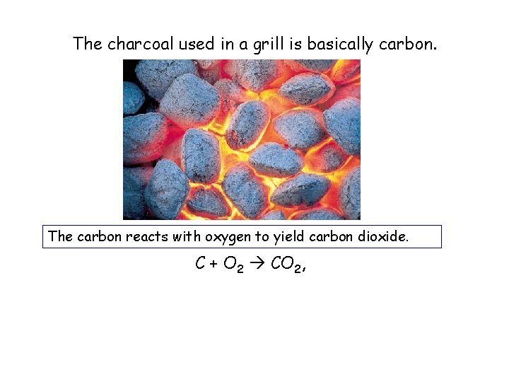 The charcoal used in a grill is basically carbon. The carbon reacts with oxygen