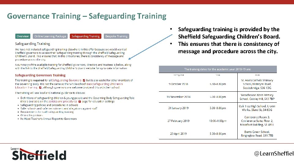 Governance Training – Safeguarding Training • Safeguarding training is provided by the Sheffield Safeguarding