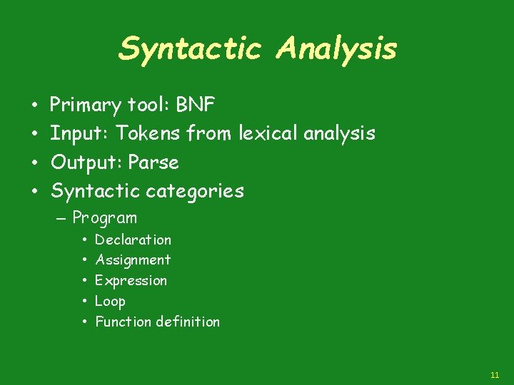Syntactic Analysis • • Primary tool: BNF Input: Tokens from lexical analysis Output: Parse