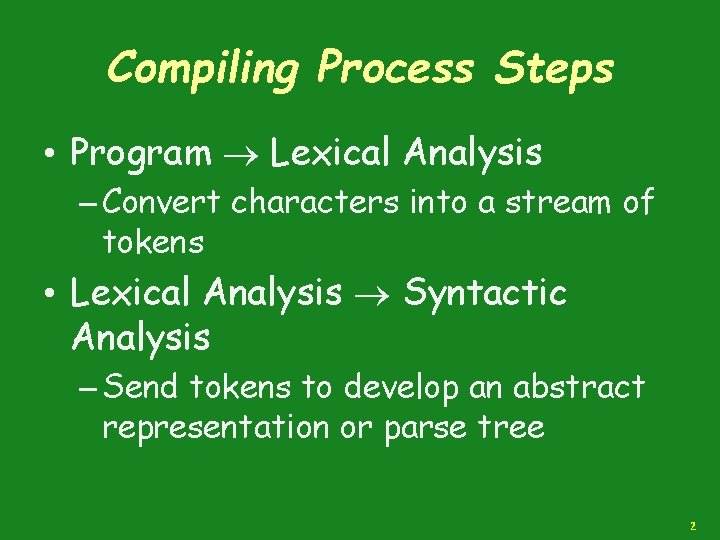 Compiling Process Steps • Program Lexical Analysis – Convert characters into a stream of