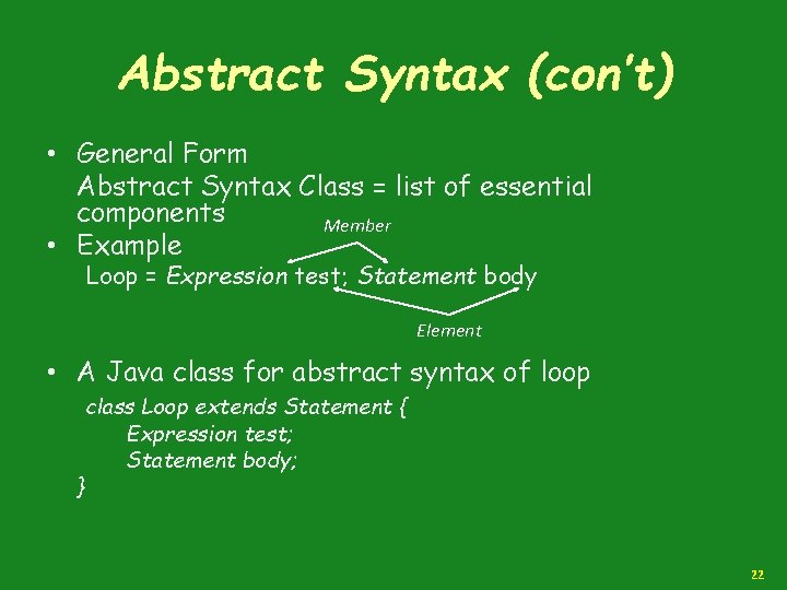 Abstract Syntax (con’t) • General Form Abstract Syntax Class = list of essential components