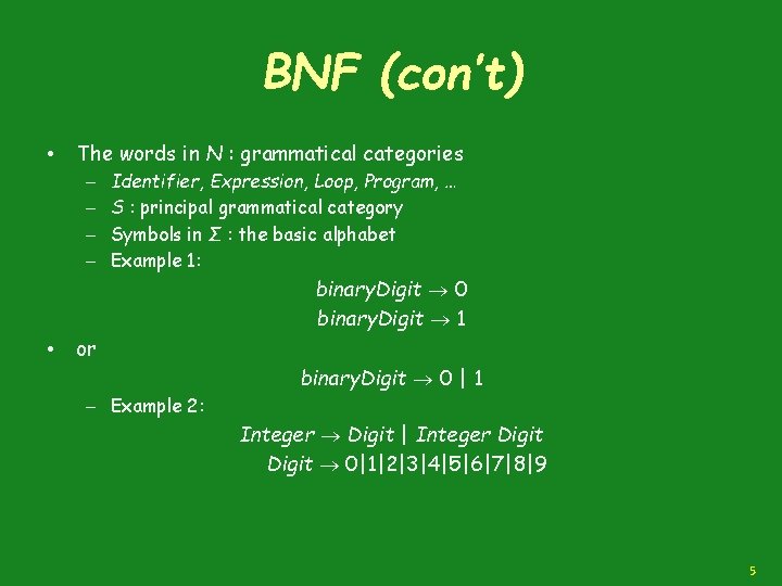 BNF (con’t) • The words in Ν : grammatical categories – – Identifier, Expression,