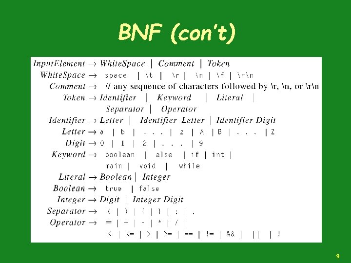 BNF (con’t) 9 