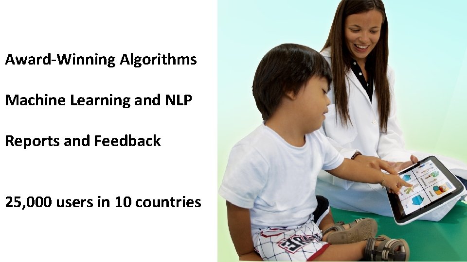Award-Winning Algorithms Machine Learning and NLP Reports and Feedback 25, 000 users in 10