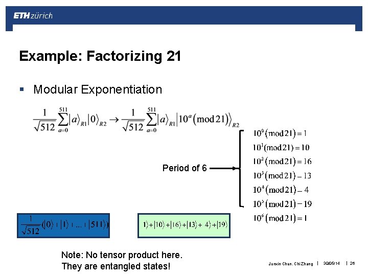 Example: Factorizing 21 § Modular Exponentiation Period of 6 Note: No tensor product here.