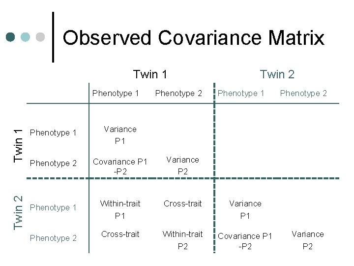 Observed Covariance Matrix Twin 1 Twin 2 Twin 1 Phenotype 2 Twin 2 Phenotype