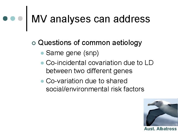 MV analyses can address ¢ Questions of common aetiology Same gene (snp) l Co-incidental