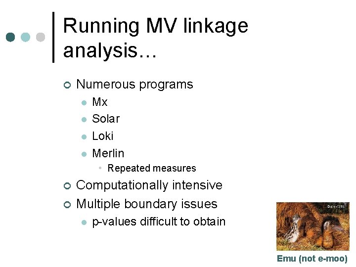 Running MV linkage analysis… ¢ Numerous programs l l Mx Solar Loki Merlin •