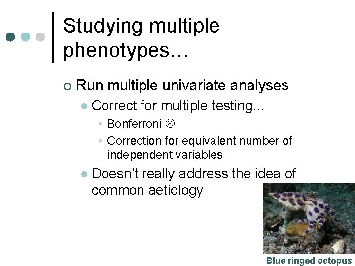 Studying multiple phenotypes… ¢ Run multiple univariate analyses l Correct for multiple testing… •