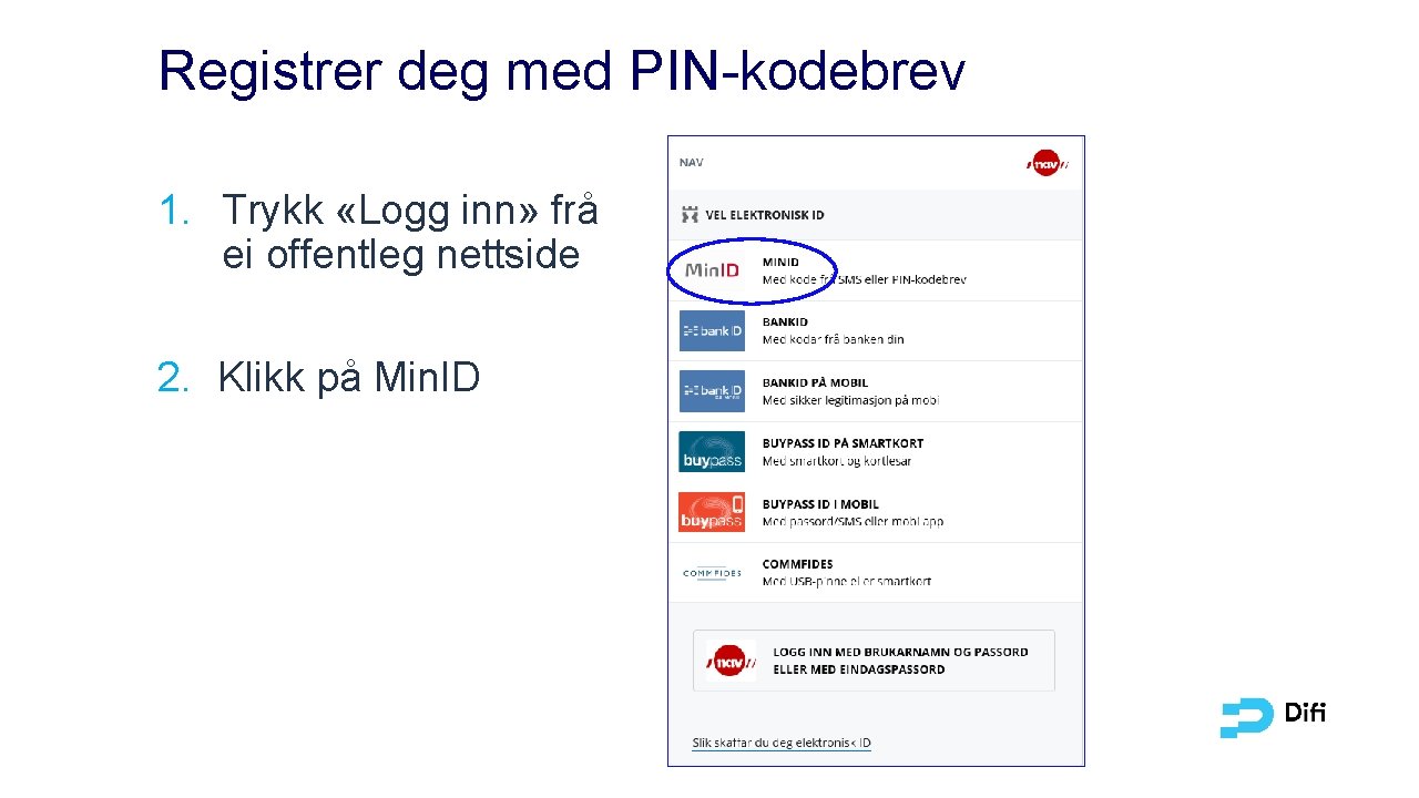 Registrer deg med PIN-kodebrev 1. Trykk «Logg inn» frå ei offentleg nettside 2. Klikk