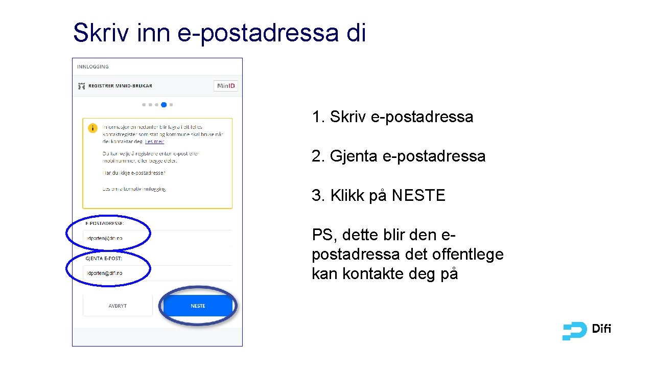 Skriv inn e-postadressa di 1. Skriv e-postadressa 2. Gjenta e-postadressa 3. Klikk på NESTE