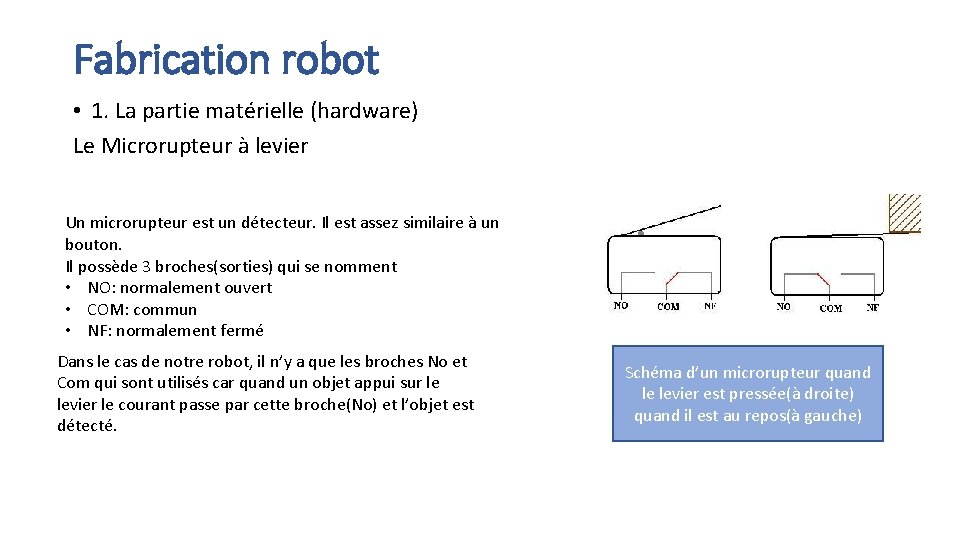 Fabrication robot • 1. La partie matérielle (hardware) Le Microrupteur à levier Un microrupteur