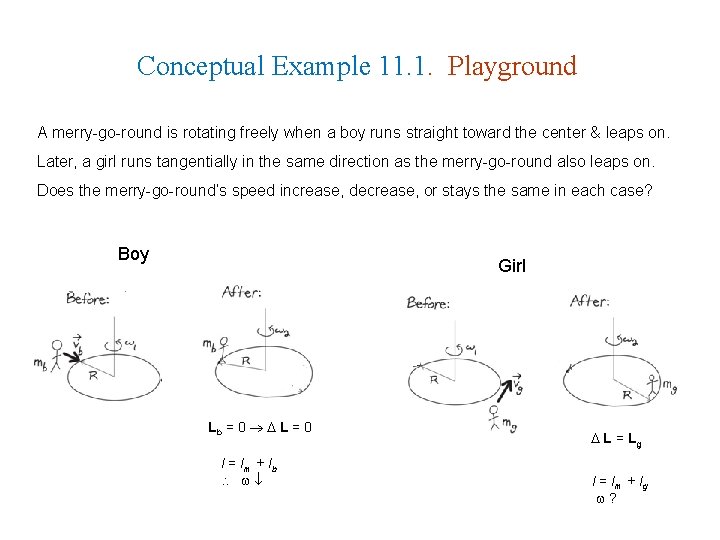 Conceptual Example 11. 1. Playground A merry-go-round is rotating freely when a boy runs