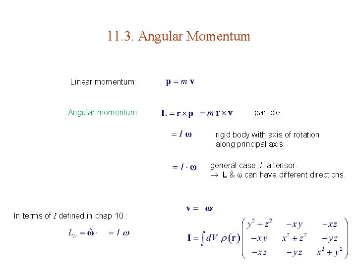 11. 3. Angular Momentum Linear momentum: Angular momentum: particle rigid body with axis of