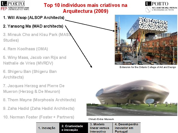 Top 10 indivíduos mais criativos na Arquitectura (2009) 1. Will Alsop (ALSOP Architects) 2.