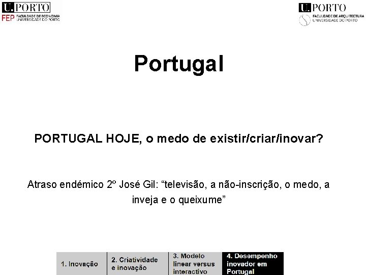 Portugal PORTUGAL HOJE, o medo de existir/criar/inovar? Atraso endémico 2º José Gil: “televisão, a