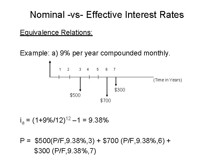 Nominal -vs- Effective Interest Rates Equivalence Relations: Example: a) 9% per year compounded monthly.