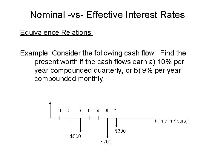 Nominal -vs- Effective Interest Rates Equivalence Relations: Example: Consider the following cash flow. Find