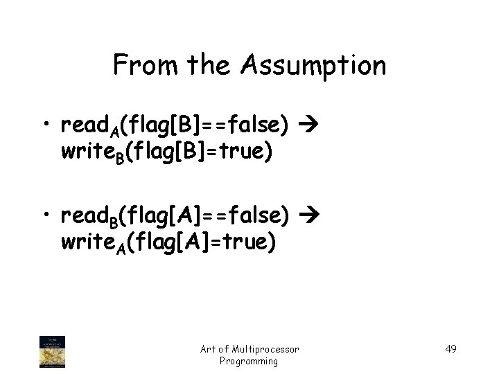 From the Assumption • read. A(flag[B]==false) write. B(flag[B]=true) • read. B(flag[A]==false) write. A(flag[A]=true) Art