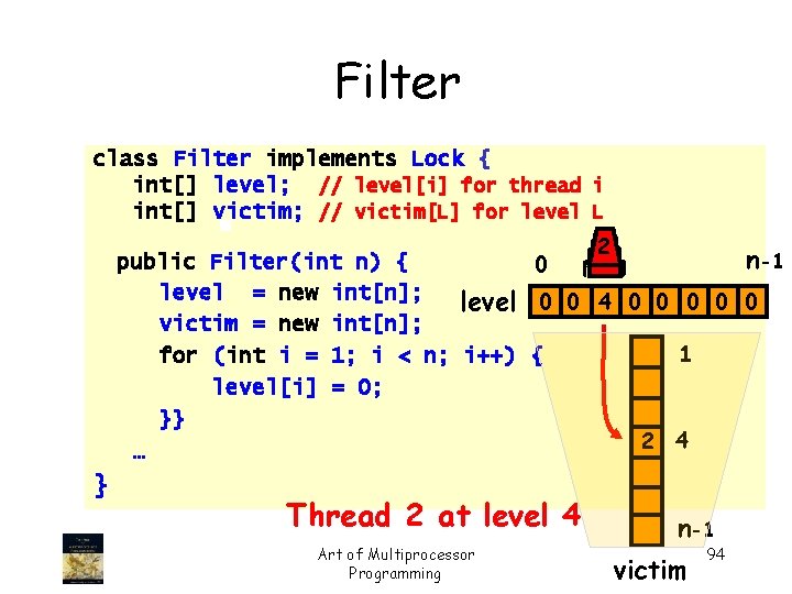 Filter class Filter implements Lock { int[] level; // level[i] for thread i int[]