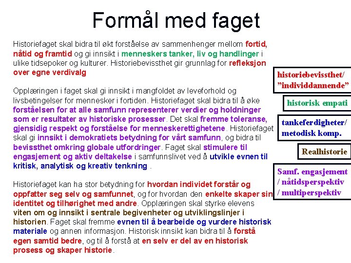 Formål med faget Historiefaget skal bidra til økt forståelse av sammenhenger mellom fortid, nåtid