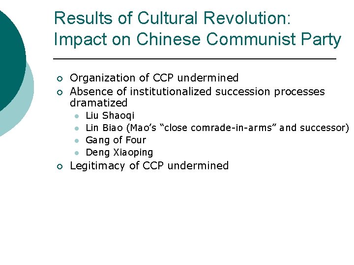 Results of Cultural Revolution: Impact on Chinese Communist Party ¡ ¡ Organization of CCP