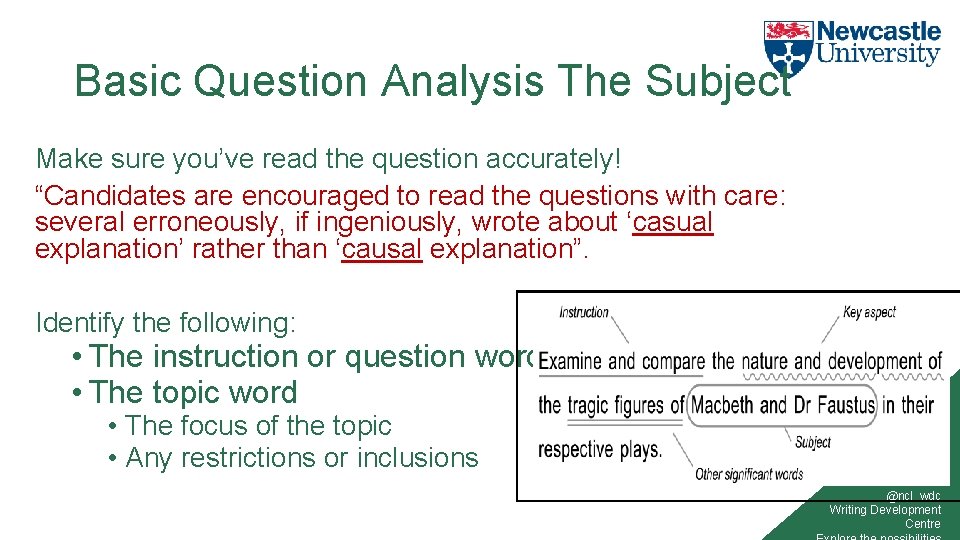 Basic Question Analysis The Subject Make sure you’ve read the question accurately! “Candidates are