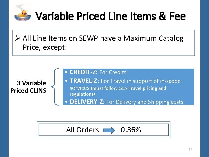 Variable Priced Line Items & Fee Ø All Line Items on SEWP have a