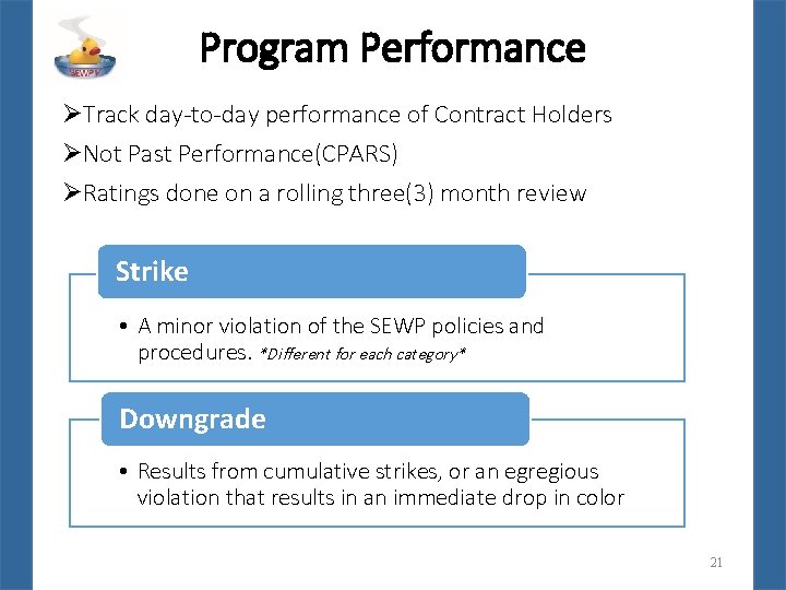 Program Performance ØTrack day-to-day performance of Contract Holders ØNot Past Performance(CPARS) ØRatings done on