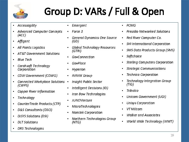 Group D: VARs / Full & Open • Accessagility • Emergent • PCMG •