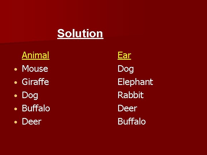 Solution • • • Animal Mouse Giraffe Dog Buffalo Deer Ear Dog Elephant Rabbit