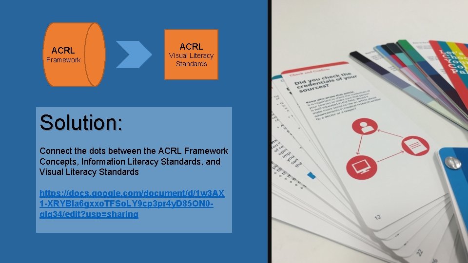 ACRL Framework ACRL Visual Literacy Standards Solution: Connect the dots between the ACRL Framework