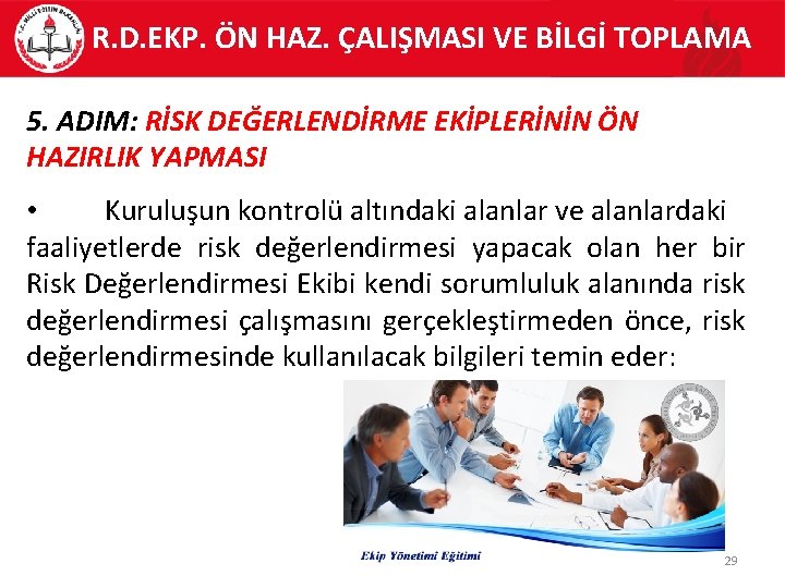 R. D. EKP. ÖN HAZ. ÇALIŞMASI VE BİLGİ TOPLAMA 5. ADIM: RİSK DEĞERLENDİRME EKİPLERİNİN