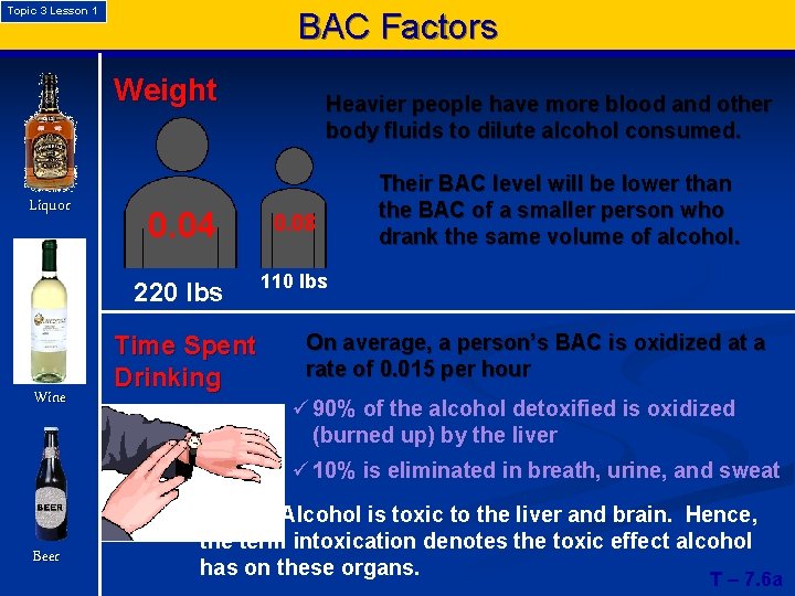 Topic 3 Lesson 1 BAC Factors Weight Liquor Wine Heavier people have more blood