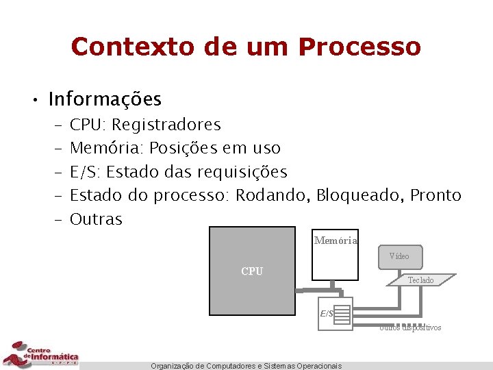 Contexto de um Processo • Informações – – – CPU: Registradores Memória: Posições em