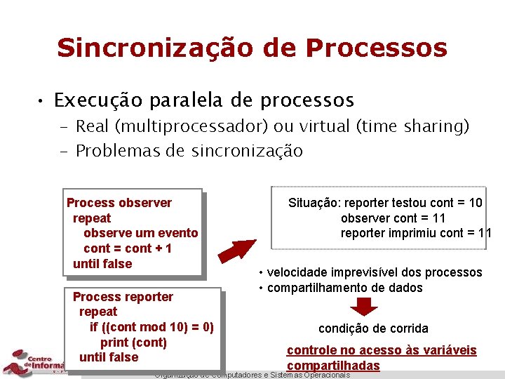 Sincronização de Processos • Execução paralela de processos – Real (multiprocessador) ou virtual (time