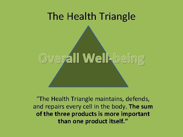 The Health Triangle Overall Well-being “The Health Triangle maintains, defends, and repairs every cell