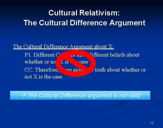 Cultural Relativism: The Cultural Difference Argument about X: P 1. Different Cultures have different