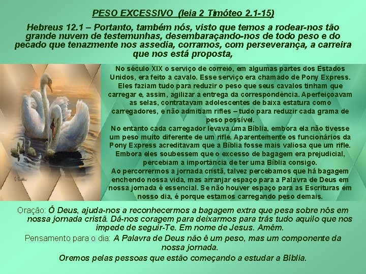 PESO EXCESSIVO (leia 2 Timóteo 2. 1 -15) Hebreus 12. 1 – Portanto, também