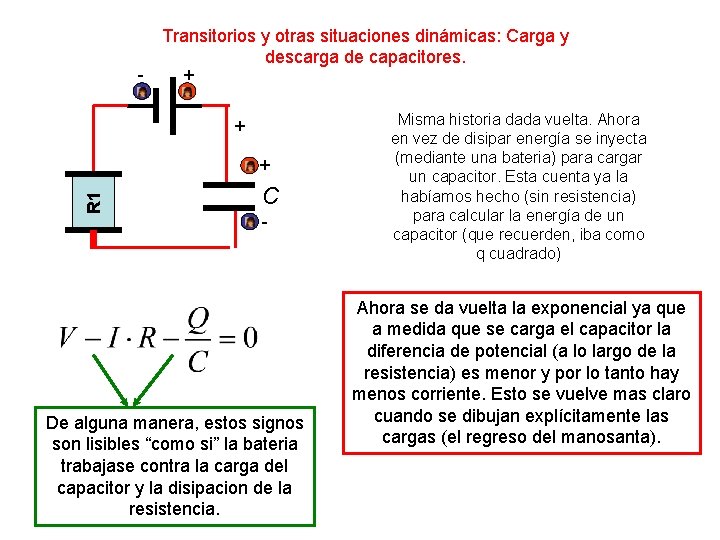 - Transitorios y otras situaciones dinámicas: Carga y descarga de capacitores. + + R - Transitorios y otras situaciones dinámicas: Carga y descarga de capacitores. + + R