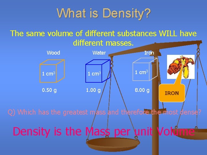 What is Density? The same volume of different substances WILL have different masses. Wood