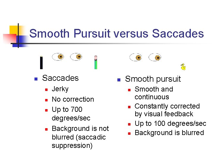 Smooth Pursuit versus Saccades n n n n Jerky No correction Up to 700