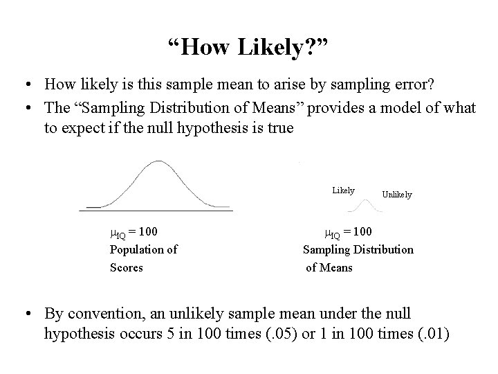 “How Likely? ” • How likely is this sample mean to arise by sampling