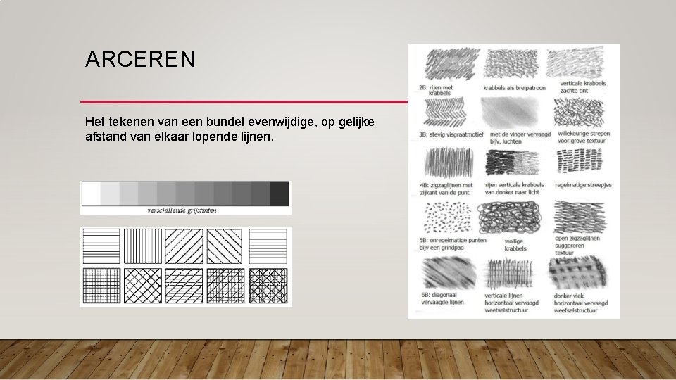 ARCEREN Het tekenen van een bundel evenwijdige, op gelijke afstand van elkaar lopende lijnen.