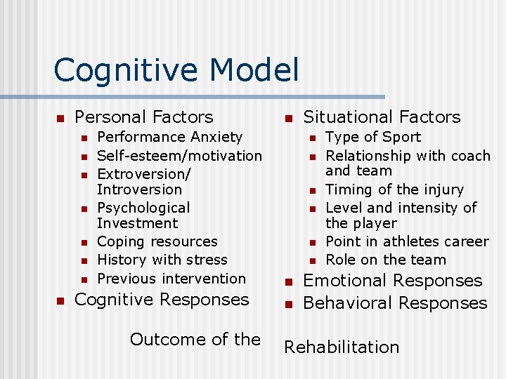 Cognitive Model n Personal Factors n n n n Performance Anxiety Self-esteem/motivation Extroversion/ Introversion