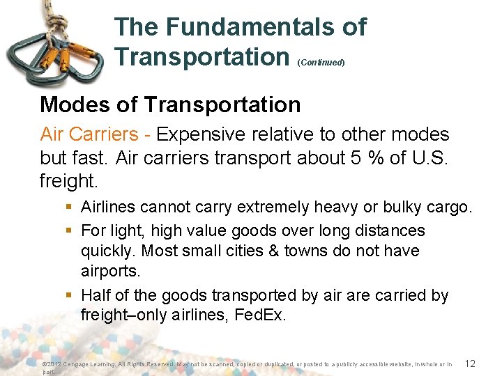 The Fundamentals of Transportation (Continued) Modes of Transportation Air Carriers - Expensive relative to