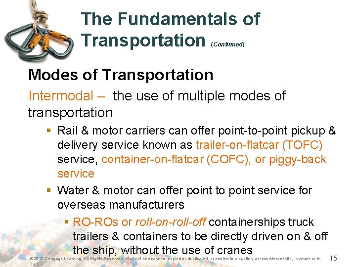 The Fundamentals of Transportation (Continued) Modes of Transportation Intermodal – the use of multiple